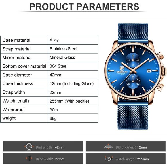 ⚡Blue Men’s Watch Fashion Sport Quartz Analog Mesh Stainless Steel Waterproof - Picture 4 of 7
